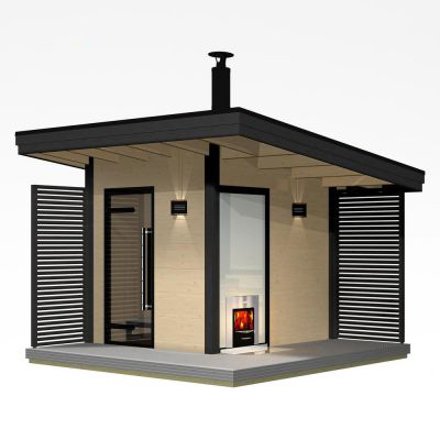 Harvia Solide 1 Sauna, 2.1x2.1m komplet Klar glas front, Gran, Virta 10.8kW ovn